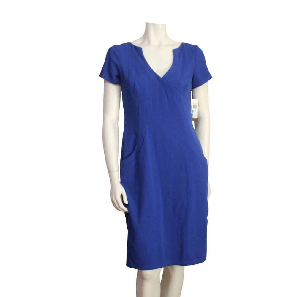 NWT David Meister Blue Crepe V-Neck Short Sleeve Dress with Pockets Size 12